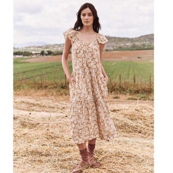 The Great Whip-Stitched Plumeria Flutter Sleeve Midi Dress XS Wild Brush Floral - Picture 1 of 13